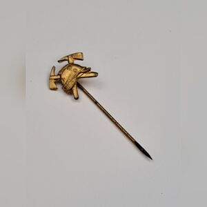 Antique Brass Lapel Stick Pin Crossed Axes & Helmet Firefighter Fireman
